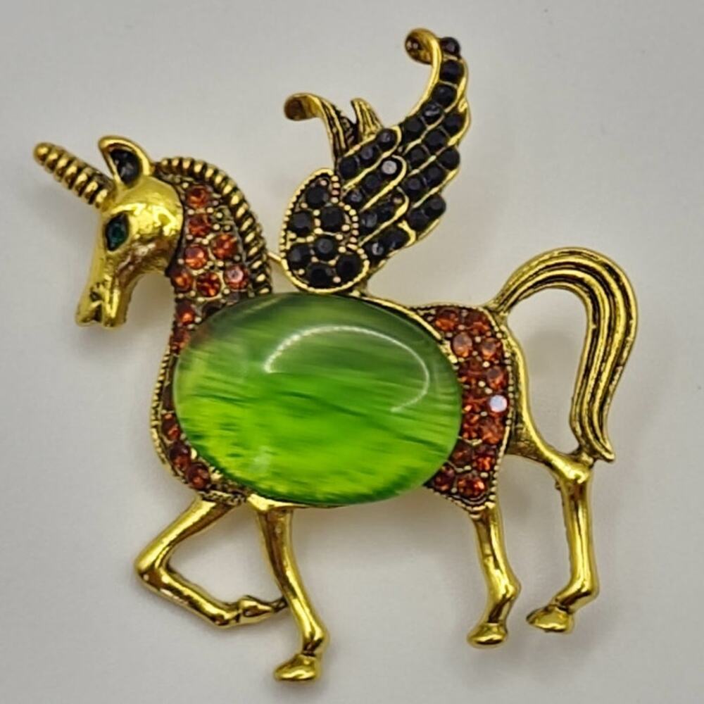 Winged Unicorn Brooch Green Jelly Belly w/ Black Crystal Wings Gold Tone Metal